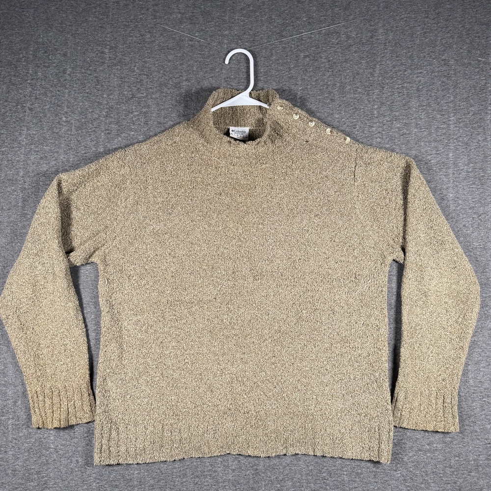 Columbia Sweater Womens XL Tan Marled Knit Mock Neck Shoulder Button Pullover